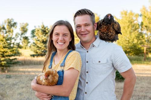 Jenae and Connor Dean with their chickens at their rental home in Salem Idaho.